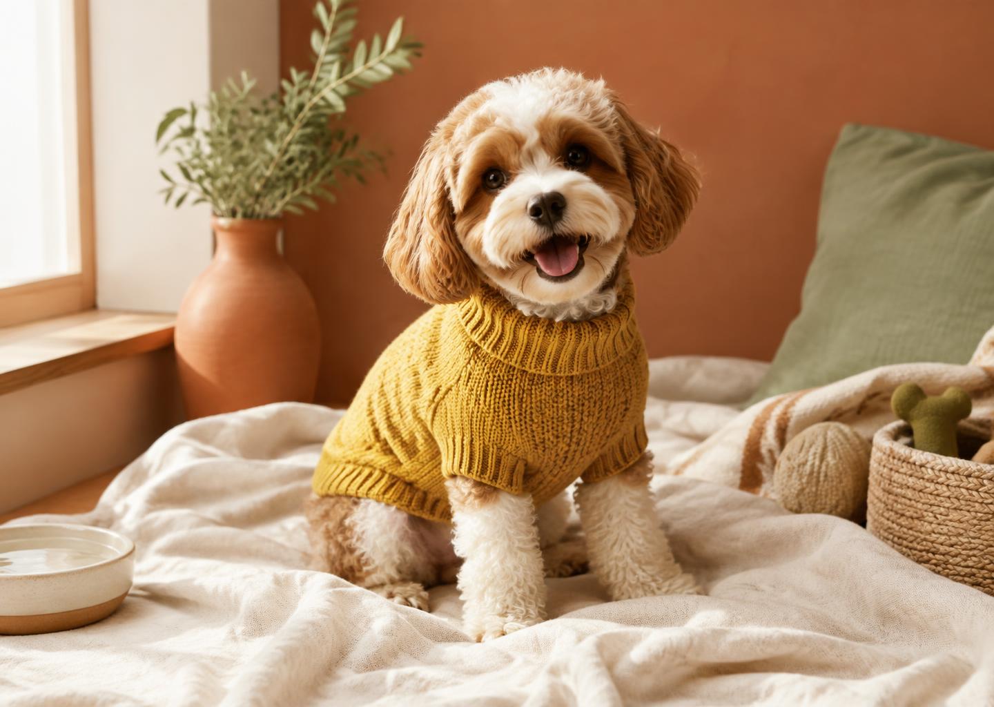 Happy dog in a mustard knit sweater
